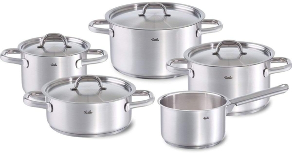 Fissler Topf-Set Family Line, Edelstahl 18/10 (Set, 9-tlg, 1 Bratentopf 20 cm, je 1 Kochtopf 16/20/24 cm, 1 Stielkasserolle 16cm), extra breiter Schüttrand