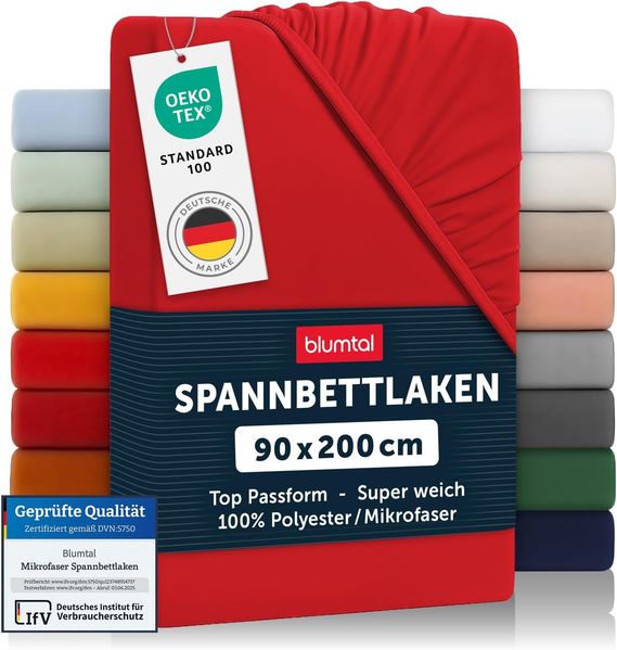 Blumtal® Spannbettlaken 90x200 cm 2er Pack - Spannbettlaken Microfaser - Oekotext zertifizierte Bettlaken 90x200 cm 2er Set - Spannbetttuch 90x200 cm - Bettbezug 90x200 cm / Leintuch 90x200 cm Laken - Rot