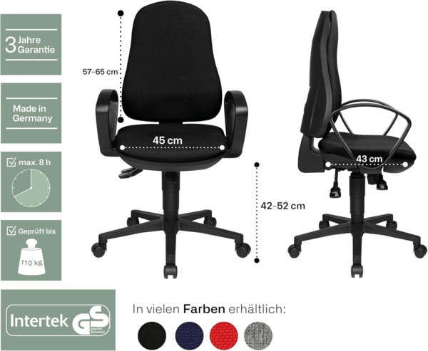 Topstar Support SY Bürostuhl, Schreibtischstuhl, inkl. Armlehnen B2(B), Bezugsstoff hellgrau, 55 x 58 x 113 cm Bild 2