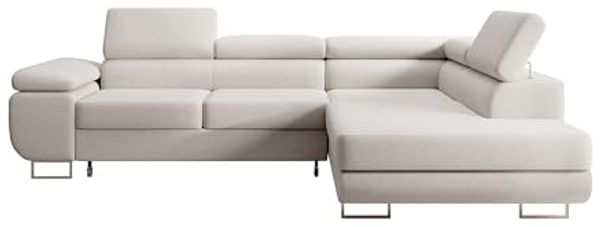 Selsey STEVIL - Ecksofa L-Sofa mit Schlaffunktion, Bettkasten, Ottomane rechts, Veloursbezug Creme