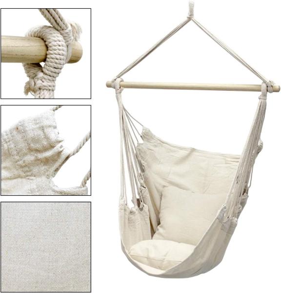 ECD Germany Hängesessel Hängeschaukel Gartensessel Hängesitz für Innen & Außen (1-St), Schwebesessel mit Holzstange + 2 Kissen & schwarzem Gestell bis 120kg Bild 4