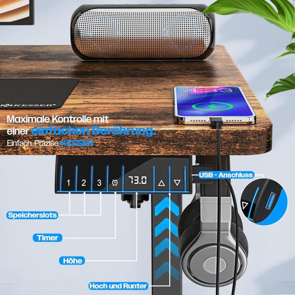 KESSER® Höhenverstellbarer Schreibtisch elektrisch | Ergonomisch Steh-Sitz Schreibtisch | 3-Funktions-Memory Steuerung | Inkl. 360° Rollen & USB-Ladeanschluss | Computertisch für Homeoffice Braun, 180 x 80 cm Bild 2