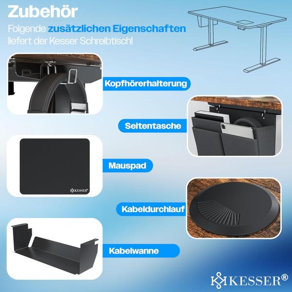 KESSER® Höhenverstellbarer Schreibtisch elektrisch | Ergonomisch Steh-Sitz Schreibtisch | 3-Funktions-Memory Steuerung | Inkl. 360° Rollen & USB-Ladeanschluss | Computertisch für Homeoffice Braun, 180 x 80 cm Bild 4