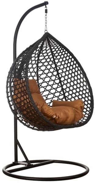 Luxus Hängesessel Style XXL Rattan Korb Gestell Schwarz mit Relaxkissen Braun