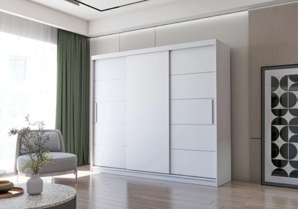 Fabryka Mebli Idźczak Schwebetürenschrank Alba 250, Schiebetürenschrank, Kleiderschrank mit Kleiderstange und Einlegeboden, Schlafzimmerschrank, Schiebetüren, Modern Design (Weiß/Weiß)