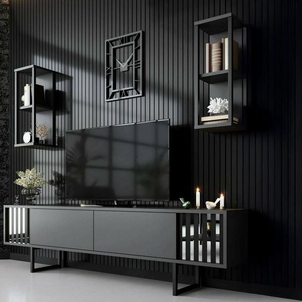Dmora - Fernsehschrank Ananke, Ständer für Wohnzimmerfernseher, Niedriges Wohnzimmer-Sideboard, TV-Ständerbasis, 180x30h48 cm, Anthrazit und Schwarz