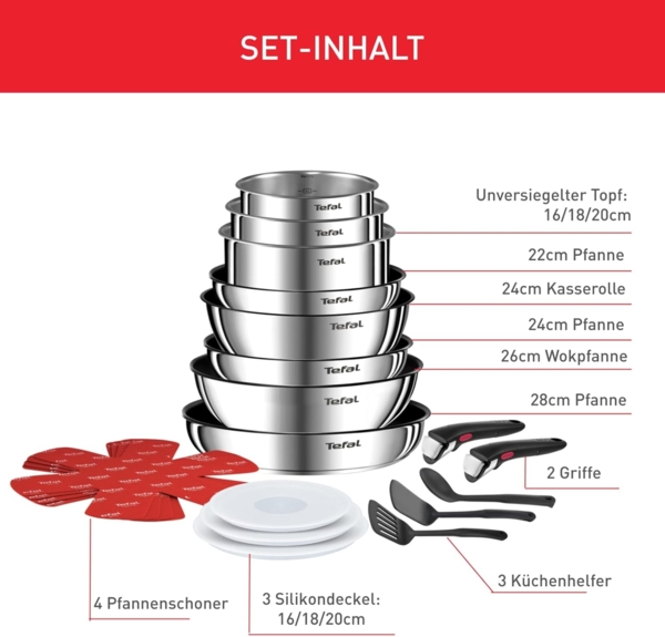 Tefal Ingenio Emotion 20-tlg. Topf und Pfannenset abnehmbarer Griff, mit Zubehör, stapelbar, platzsparend, Topfset Induktion Titanium 2X Antihaftversiegelung, einfache Handhabung und Reinigung, L897SK Bild 3