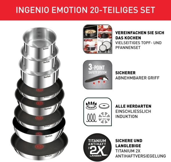 Tefal Ingenio Emotion 20-tlg. Topf und Pfannenset abnehmbarer Griff, mit Zubehör, stapelbar, platzsparend, Topfset Induktion Titanium 2X Antihaftversiegelung, einfache Handhabung und Reinigung, L897SK Bild 2