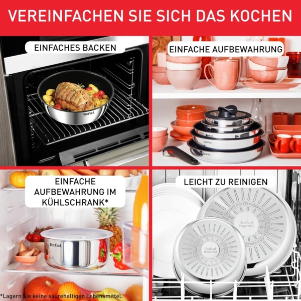 Tefal Ingenio Emotion 20-tlg. Topf und Pfannenset abnehmbarer Griff, mit Zubehör, stapelbar, platzsparend, Topfset Induktion Titanium 2X Antihaftversiegelung, einfache Handhabung und Reinigung, L897SK Bild 4