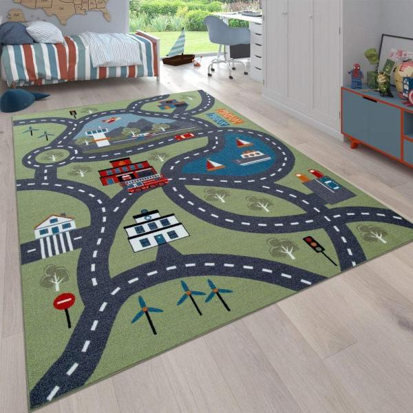 Paco Home Kinder-Teppich Für Kinderzimmer, Spiel-Teppich Mit Straßen-Motiv rutschfest In Grün, Grösse:160x220 cm