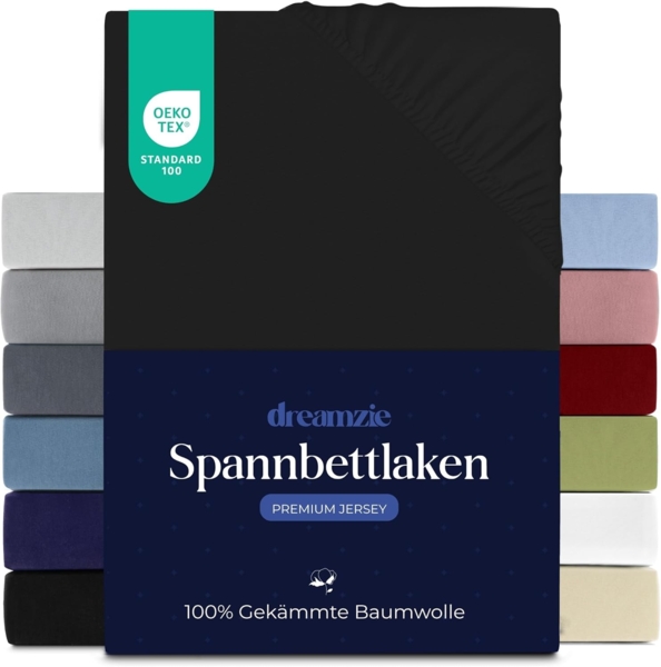 Dreamzie Premium Spannbettlaken 90x200 cm, Spannbetttuch für Dicke Matratzen bis zu 22 cm, Bettlaken 100% Jersey Baumwolle, 150 g/m², Oeko-TEX Zertifiziert - Schwarz