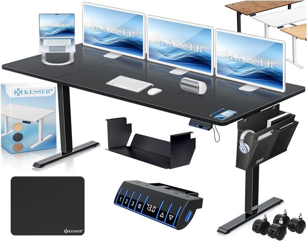 KESSER® Höhenverstellbarer Schreibtisch elektrisch | Ergonomisch Steh-Sitz Schreibtisch | 3-Funktions-Memory Steuerung | Inkl. 360° Rollen & USB-Ladeanschluss | Computertisch für Homeoffice Schwarz, 180 x 80 cm
