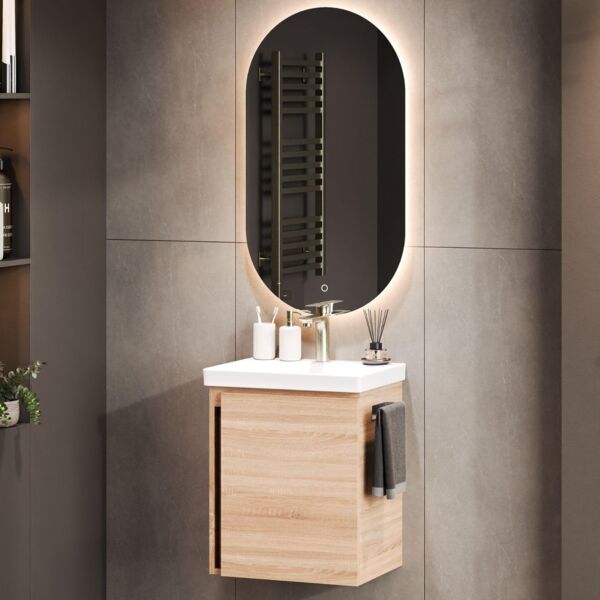 Planetmöbel Waschtischunterschrank in Sonoma Eiche 50cm mit Waschbecken & Spiegel, Badmöbel Set für Badezimmer Gäste WC