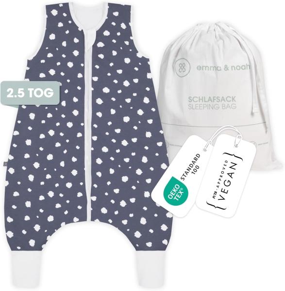 emma & noah Baby Schlafsack mit Füßen 2.5 TOG, Strampelsack für den Herbst und Winter, Bio-Baumwolle, OEKO-TEX Zertifiziert, Kuscheliger Schlafsack für Neugeborere (Punkte Blau, 70 cm)