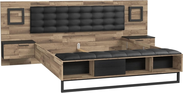 FORTE JAKOBINA Bett mit Nachtkommoden und 2 Schubladen und 1 Tür, Liegefläche 180x200 cm, Holzwerkstoff, Planked Eiche / Schwarzeiche, 296.8 x 119.7 x 234.5 cm Bild 5