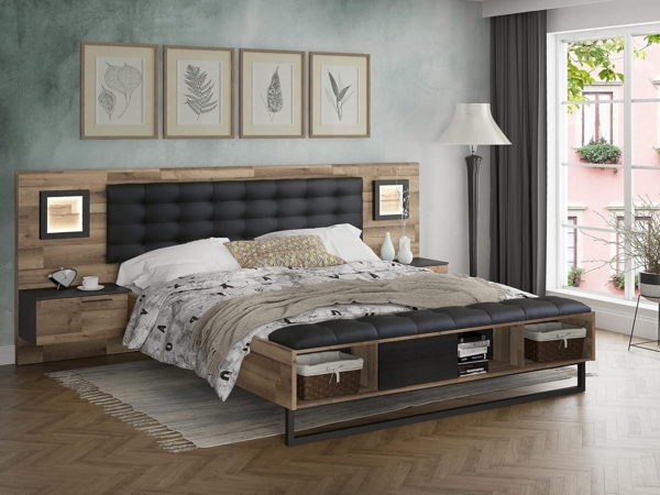 FORTE JAKOBINA Bett mit Nachtkommoden und 2 Schubladen und 1 Tür, Liegefläche 180x200 cm, Holzwerkstoff, Planked Eiche / Schwarzeiche, 296.8 x 119.7 x 234.5 cm Bild 2