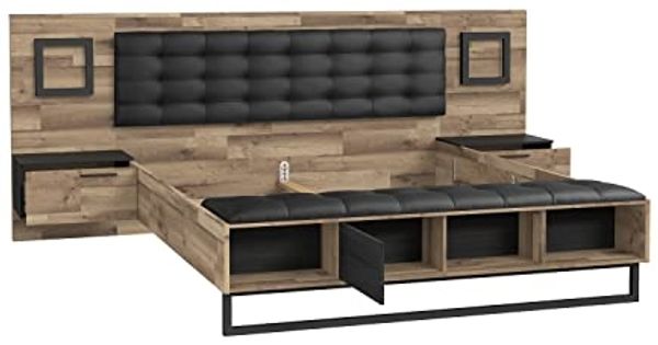 FORTE JAKOBINA Bett mit Nachtkommoden und 2 Schubladen und 1 Tür, Liegefläche 180x200 cm, Holzwerkstoff, Planked Eiche / Schwarzeiche, 296.8 x 119.7 x 234.5 cm