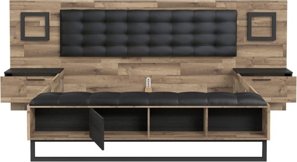 FORTE JAKOBINA Bett mit Nachtkommoden und 2 Schubladen und 1 Tür, Liegefläche 180x200 cm, Holzwerkstoff, Planked Eiche / Schwarzeiche, 296.8 x 119.7 x 234.5 cm Bild 3