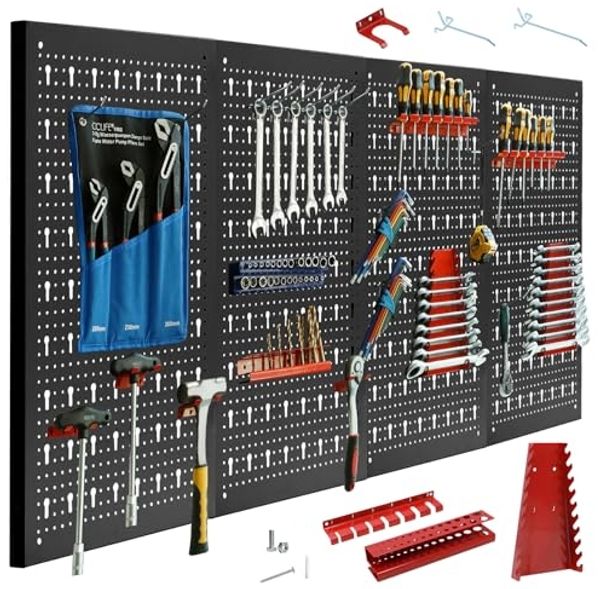 CCLIFE Lochwand Werkzeugwand Lochwand Metall Werkzeuglochwand Dreiteilig, 4 Stk, mit 34 Haken