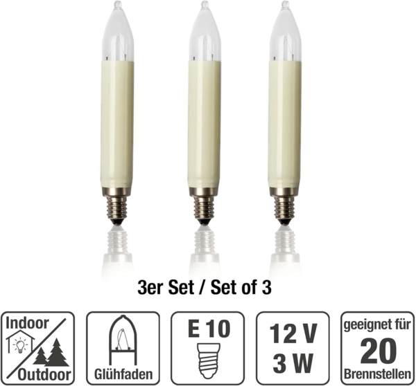 hellum Ersatz-Kerzen für Weihnachtsbaum Kerzen Lichterketten innen und außen, 3 Stück 12V 3W Schaftkerze für Lichterketten mit 20 Brennstellen, ø15mm E10/ 12V/ 3W/ 22Lumen 902037 Bild 2