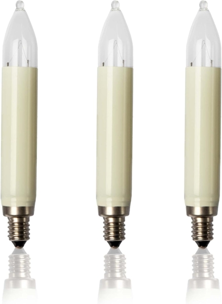 hellum Ersatz-Kerzen für Weihnachtsbaum Kerzen Lichterketten innen und außen, 3 Stück 12V 3W Schaftkerze für Lichterketten mit 20 Brennstellen, ø15mm E10/ 12V/ 3W/ 22Lumen 902037 Bild 1