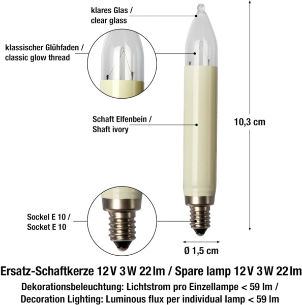 hellum Ersatz-Kerzen für Weihnachtsbaum Kerzen Lichterketten innen und außen, 3 Stück 12V 3W Schaftkerze für Lichterketten mit 20 Brennstellen, ø15mm E10/ 12V/ 3W/ 22Lumen 902037 Bild 3