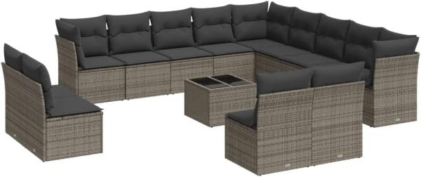 vidaXL 14-tlg. Garten-Sofagarnitur mit Kissen Grau Poly Rattan 3250339