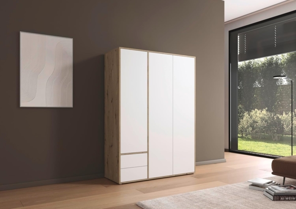 rauch Kleiderschrank Nabila, Drehtürenschrank, Garderobenschrank, 3-türig, 2 Schubkästen, mit 1 Kleiderstange und 3 Einlegeböden, Farbe Weiß/Eiche Artisan, Holz, mit Push-to-Open Funktion, 140x194x53cm Bild 2