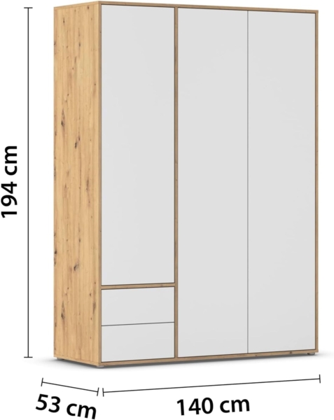 rauch Kleiderschrank Nabila, Drehtürenschrank, Garderobenschrank, 3-türig, 2 Schubkästen, mit 1 Kleiderstange und 3 Einlegeböden, Farbe Weiß/Eiche Artisan, Holz, mit Push-to-Open Funktion, 140x194x53cm Bild 3