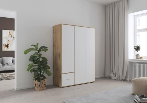 rauch Kleiderschrank Nabila, Drehtürenschrank, Garderobenschrank, 3-türig, 2 Schubkästen, mit 1 Kleiderstange und 3 Einlegeböden, Farbe Weiß/Eiche Artisan, Holz, mit Push-to-Open Funktion, 140x194x53cm Bild 4