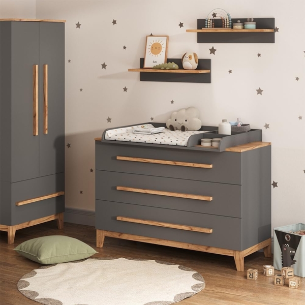 Wickelkommode Malia Grau/Artisan 133.2x98 cm mit 3 Schubladen Vitalispa