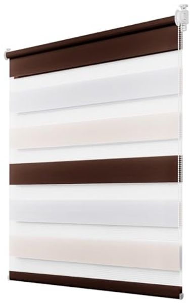 Deswell Doppelrollo Klemmfix ohne Bohren Weiß-beige-braun B75 x H150 cm (Stoffbreite 71cm) Rollos für Fenster ohne Bohren für Fenster mit Lichtdurchlässig & Verdunkelnd/Höhe Stufenlos Verstellbar