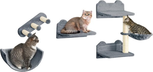 PawHut Katzen-Kletterwand 4 tlg. mit Kaztentreppe, Hängematte, Sprungplatt, Wandkratzbaum, für Katzen bis 5 kg, Polyester, grau