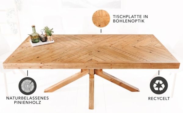 riess-ambiente Esstisch MOSAIK 160cm natur (Einzelartikel, 1-St), Pinie-Massivholz · recycelt · Sterngestell · bis 6 Personen · Landhaus Bild 7