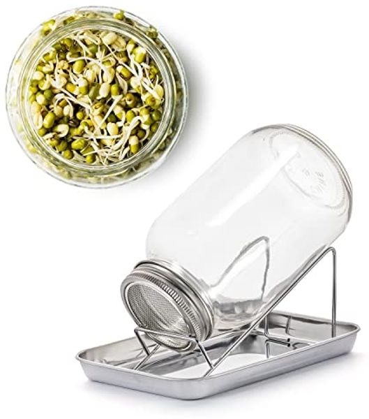 BigDean Anzuchttopf Sprossenglas Keimglas 1000ml mit Edelstahl-Gitterdeckel + Ständer (Set, 1 St, Sprossengläser), Sprossenglas, Leichte Anwendung, Gesunde Ernährung, Einfache Reinigung