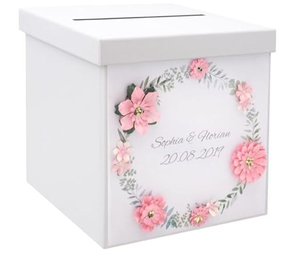 ZauberDeko Geschenkbox Briefbox Kartenbox MIT NAMEN Hochzeit Vintage Blüten Blumen Rosa Weiß