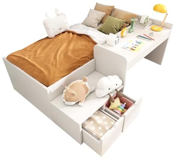 Odikalo Kinderbett Jugendbett Stauraumbett Massiveholz Schreibtisch(Ohne Matratze)90x200