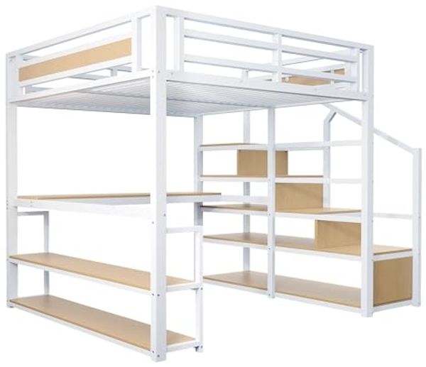 Odikalo Hochbett 140x200 Jugendbett mit Schreibtisch (140*200 Metall-Hochbett mit Aufbewahrungsleiter mit Regalen und Tisch, Sicherheitszaun-Design mit gespleißten Metallplanken, Hohes Eisenrahmenbett mit Metallrahmen für stabile Unterstützung, Weiß / ... Bild 7