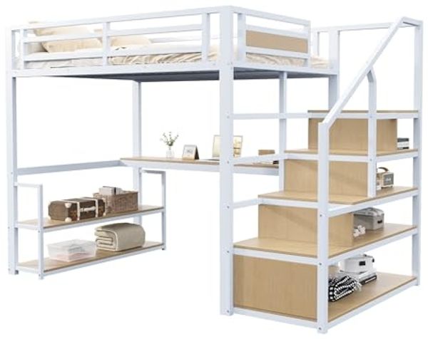 Odikalo Hochbett 140x200 Jugendbett mit Schreibtisch (140*200 Metall-Hochbett mit Aufbewahrungsleiter mit Regalen und Tisch, Sicherheitszaun-Design mit gespleißten Metallplanken, Hohes Eisenrahmenbett mit Metallrahmen für stabile Unterstützung, Weiß / ... Bild 5