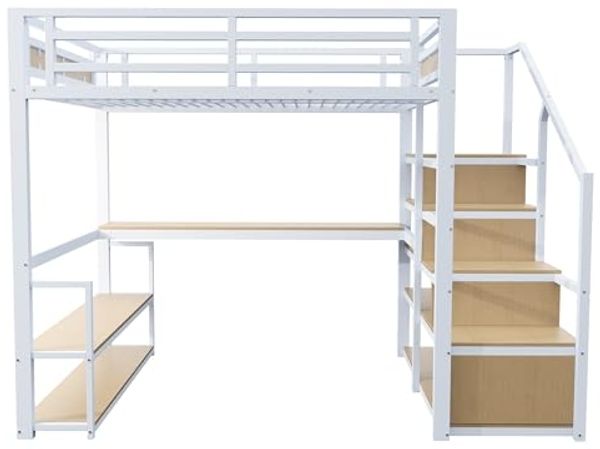 Odikalo Hochbett 140x200 Jugendbett mit Schreibtisch (140*200 Metall-Hochbett mit Aufbewahrungsleiter mit Regalen und Tisch, Sicherheitszaun-Design mit gespleißten Metallplanken, Hohes Eisenrahmenbett mit Metallrahmen für stabile Unterstützung, Weiß / ... Bild 6