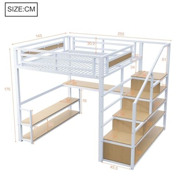 Odikalo Hochbett 140x200 Jugendbett mit Schreibtisch (140*200 Metall-Hochbett mit Aufbewahrungsleiter mit Regalen und Tisch, Sicherheitszaun-Design mit gespleißten Metallplanken, Hohes Eisenrahmenbett mit Metallrahmen für stabile Unterstützung, Weiß / ... Bild 2