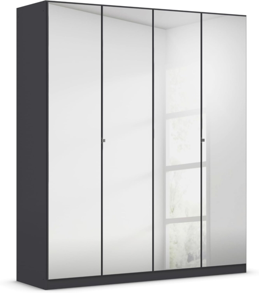 Rauch Möbel Reflect, Drehtürenschrank, Kleiderschrank, Schrank mit Spiegel, Garderobe, 4-türig, 4 Spiegeltüren, inkl. Stoffkisten und weiterem Zubehör, Farbe Grau metallic, Schwarz, 181 x 210 x 54 cm