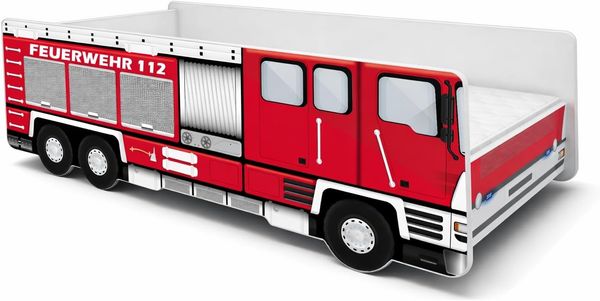 ACMA Kinderbett Auto-Bett Feuerwehr mit Rausfallschutz, Lattenrost und Matratze (160x80)