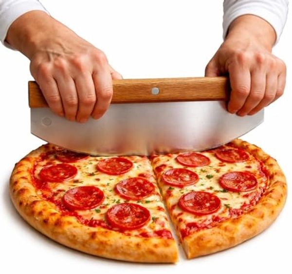 BigDean Wiegemesser Pizzaschneider 32 cm aus Edelstahl mit Holzgriff – Profi Pizzamesser, Rostfreier Edelstahl, 32cm schnittlänge, einfache 2hand bedienung