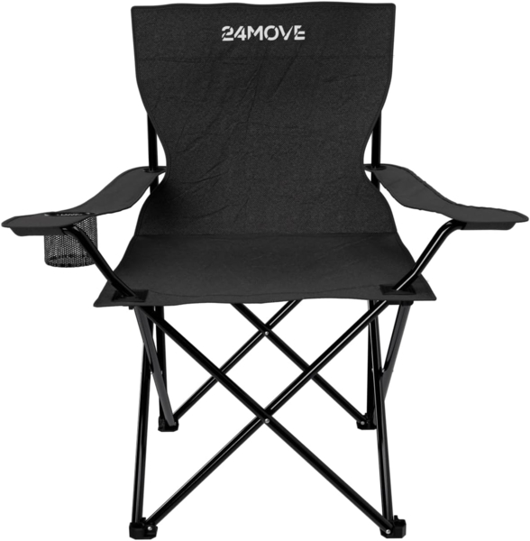 24Move Campingstuhl 24MOVE® Campingstuhl faltbar,Anglerstuhl,Liegestuhl mit Getränkehalter (bis max. 100 kg), mit Tragetasche, schwarz, Klappstuhl, bis 100kg belastbar