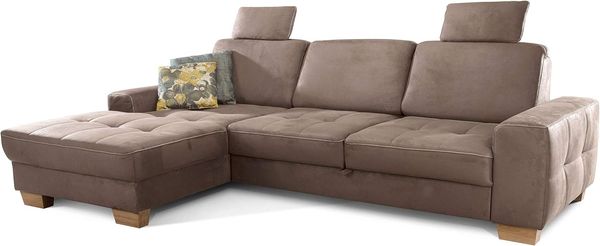 Cavadore Ecksofa Puccino mit Federkern, verstellbarer Sitztiefe und 2 Kopfstützen / Sofa in L-Form im Landhaus Design / 281 x 86 x 178 cm / Mikrofaser hellbraun