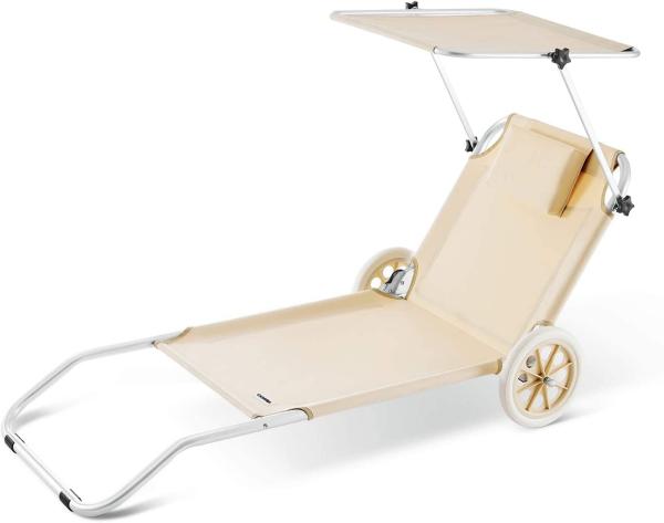 Alu Sonnenliege Kreta mit Dach klappbar 2 Räder Strandliege Gartenliege Strandrolli Liege Farbauswahl, Farbe:beige