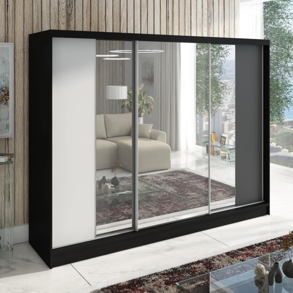 Schwebetürenschrank VENA 3-türig Schrank 200 cm (mit Spiegel) Farbe: Schwarz , Graphit , Weiß