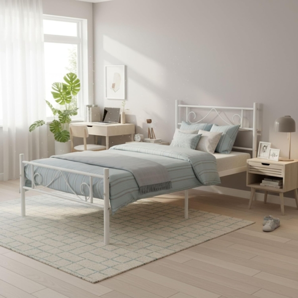 FurnitureR Einzelbett Metall 90×200 cm, stabiles Plattformbett mit Lattenrost, klassisches Gestell mit Kopf- & Fußteil, für Schlafzimmer, Gästezimmer & Jugendzimmer, bis 150 kg belastbar，Weiß B Bild 3