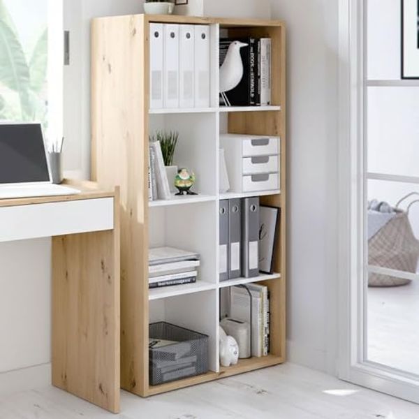 Dmora - Buchhandlung Sacramento, Umschaltbares Bücherregal mit 8 Fächern, Multipositions-TV-Ständer, cm 72x33h137, Asteffekt Eiche und Weiß